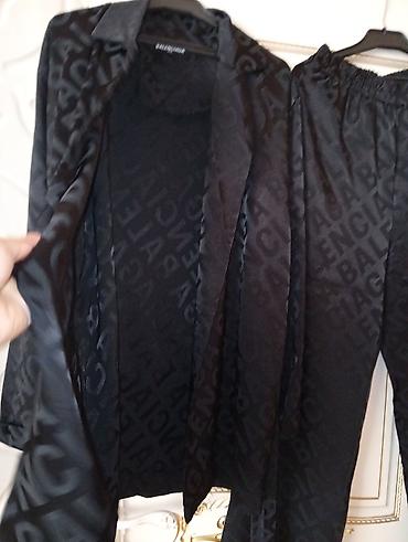 cool paltarlar: Qadın pijama stildə şalvar + kimano dəsti – qara rəng, atlas parça - — 3