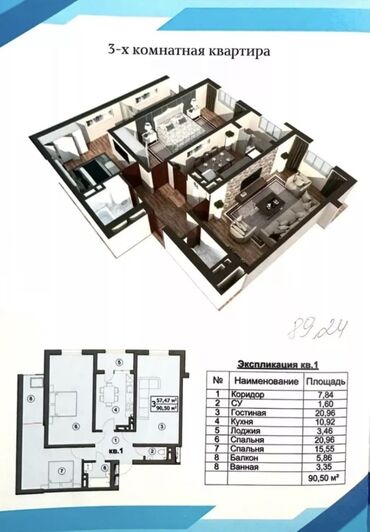 105серии: 3 комнаты, 90 м², Элитка, 8 этаж, ПСО (под самоотделку)
