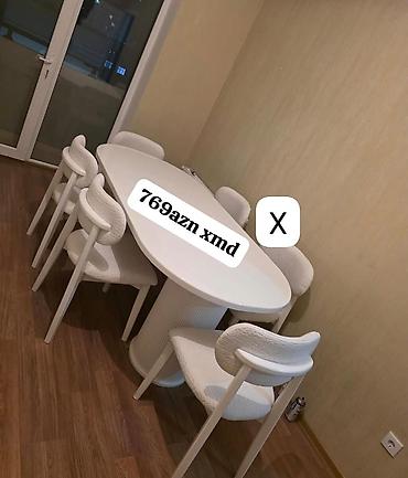 stul plastik: Ağ rəngli yemək dəsti - Oval formalı masa, silindrik dekorativ ayaq — 1