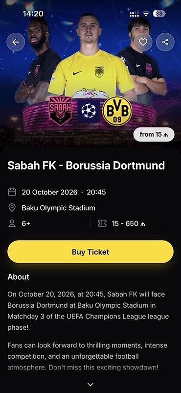 dərin dondurucu irsad: Sabah FK – Borussia Dortmund futbol matçı üçün bilet 2 Ədəd bilet — 1