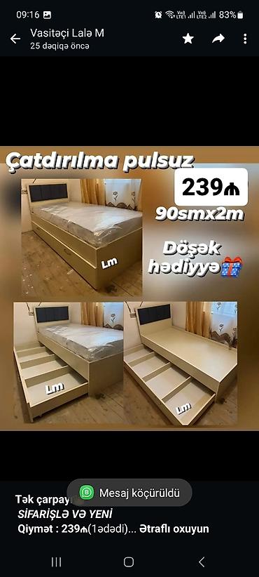 *Tək çarpayı*👑 _*SİFARİŞLƏ VƏ YENİ*_ *Qiymət : 239₼*(1ədədi) Ölçü 