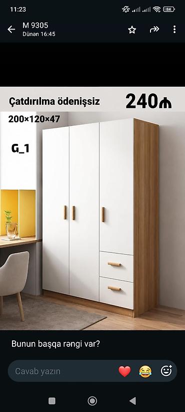 Ev üçün mebel: Mebel: 3 qapılı, 2 çekmecəli şkaf Ölçü: 200×120×47 sm Model: G_1 — 1