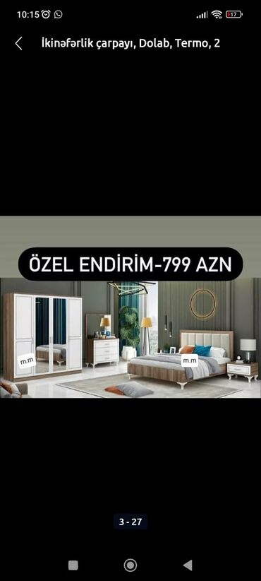 Yataq otağı dəstləri: İkinəfərlik çarpayı, Termo, Dolab, 2 tumba, Azərbaycan, Yeni — 5