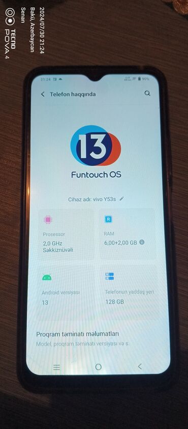 irşad telekom telefon qiymətləri: Vivo Y53s, 128 ГБ, цвет - Синий, Отпечаток пальца, Две SIM карты, Face ID