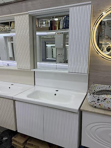 hamam şkaflari: Hamam üçün asma mebel dəstləri – lavabo, alt dolab və güzgülü asma — 1