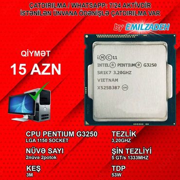 Digər kompüter aksesuarları: Prosessor Intel Pentium Intel Pentium G3250, 3-4 GHz, 2 nüvə, İşlənmiş