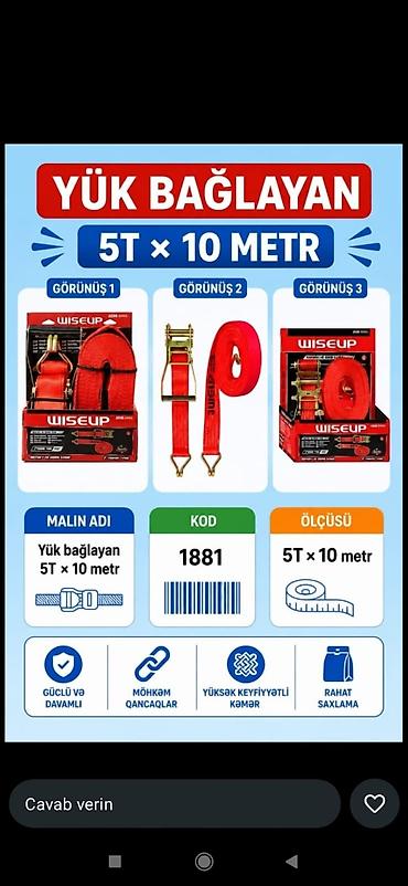 Yük bağlayan kəmər – WISEUP, 5T × 10 metr - Ölçü və daşıma gücü: 5
