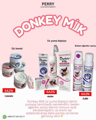 Üz üçün maskalar: Donkey Milk seriyasına aid üz kremi, üz yuma köpüyü, bədən ağardıcı