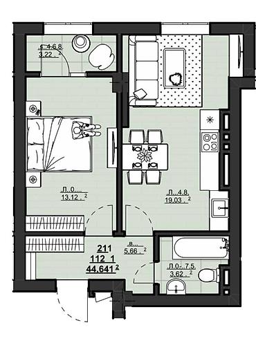 Продажа квартир: 1 комната, 44 м², АУЦА Элитка, 12 этаж, ПСО (под самоотделку) — 7