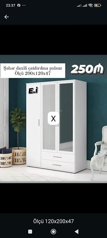 Ağ rəngli 3 qapılı paltar şkafı - Ölçü: 200 x 120 x 47 sm (şəkildə lalafo.az -da Ağ rəngli 3 qapılı paltar şkafı - Ölçü: 200 x 120 x 47 sm (şəkildə