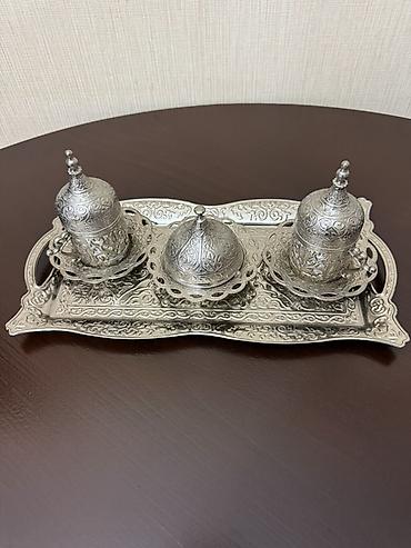 icki: Qəhvə dəsti, rəng - Gümüşü, Metal, 3 nəfərlik, Türkiyə — 1