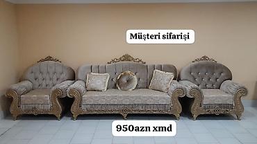 divan parcalari: Klassik dəst: 3 oturacaqlı divan + 2 kreslo - Rəng: bej/şampan — 1