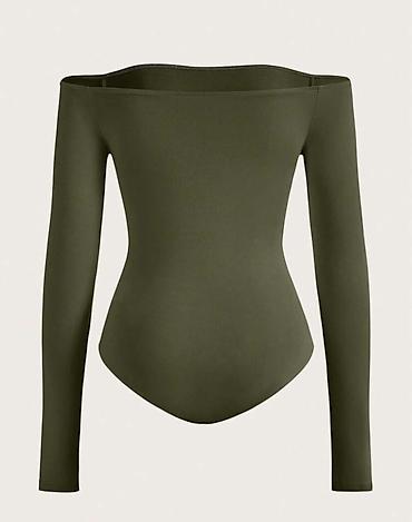 Bodi: Zeytun-yaşıl rəngdə, çiyinləri açıq (off-shoulder) qadın bodisi. - — 2