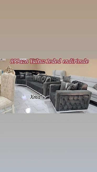 işdenmiş divan: 3+1 qonaq dəsti – tünd boz rəng, qaralı parça/velur toxuması. - — 1