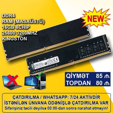 komputer ucuz: Operativ yaddaş (RAM) Kingston, 16 GB, 3200 Mhz, DDR4, PC üçün, Yeni