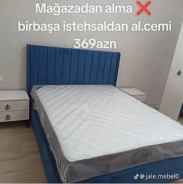 jale mebel: Mavi rəngli yumşaq başlıqlı çarpayı dəsti. Yüksək və şaquli tikişli — 1