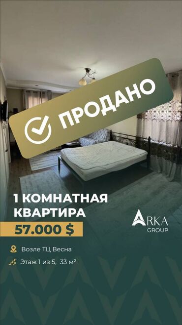 1 комнатная студия: 1 бөлмө, 33 кв. м, Жеке план, 1 кабат, Евроремонт