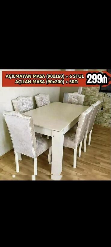Masa və oturacaq dəstləri: Qonaq otağı üçün, Yeni, Açılmayan, Dördbucaq masa, 6 stul — 3