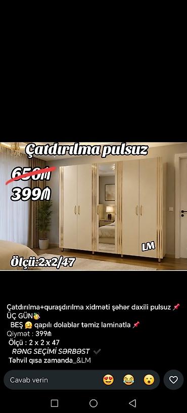 Beş qapılı dolab – təmiz laminat - Ölçü: 2 x 2 x 47 - Güzgülü orta