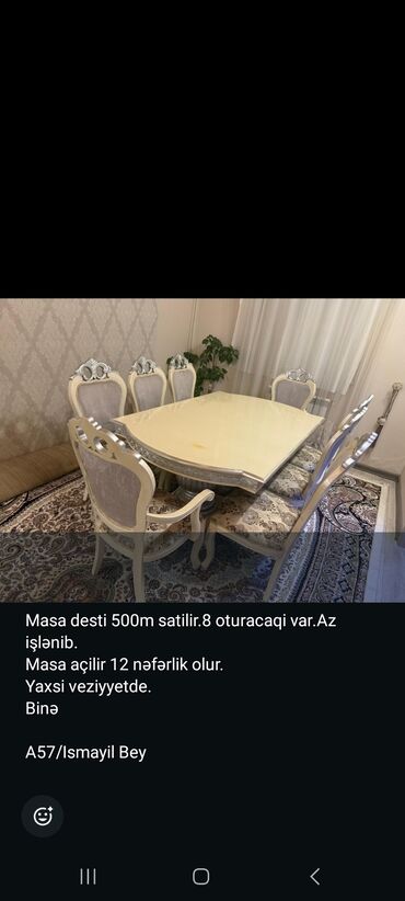 Masa və oturacaq dəstləri: Qonaq otağı üçün, İşlənmiş, Açılmayan, Dördbucaq masa, 8 stul