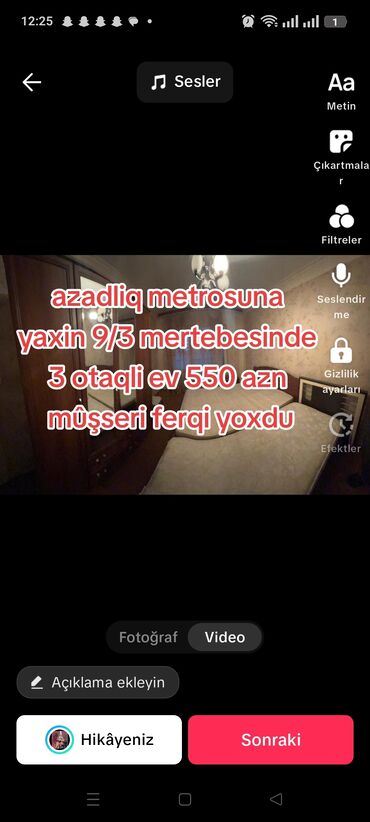 Günlük kirayə mənzillər: Azadliq metrosuna yaxin 9/3 mertebesinde 3 otaqli ev 550 azn mûşderi