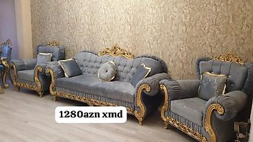 kafe ucun divan: Klassik üslubda 3+1+1 dəst salon mebeli. - Rəng: boz (qızılı oyma — 1