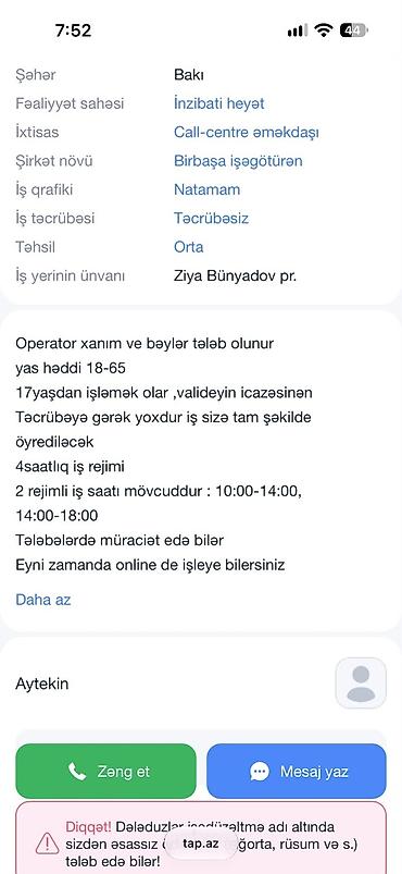 svarka isi: Çağrı mərkəzi operatoru tələb olunur, İstənilən yaş, Təcrübəsiz, Aylıq ödəniş — 1