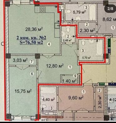 продаю 2комнатная квартира: 2 комнаты, 76 м², Элитка, 9 этаж, ПСО (под самоотделку)