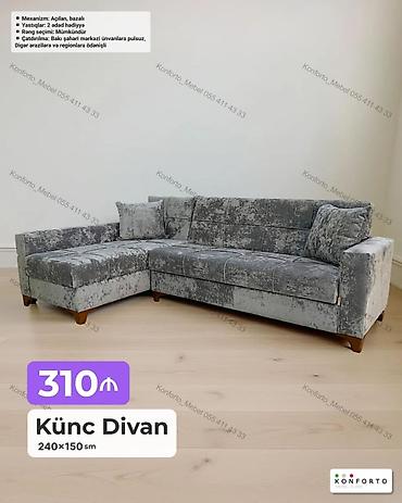 Mebel: Künc divan – 240×150 sm - Mexanizm: açılan, bazalı (yataq funksiyalı — 1