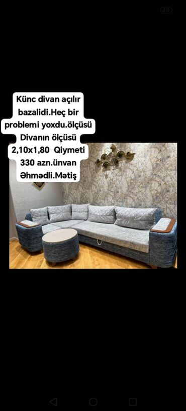 Künc divan açılır bazalidi.Heç bir problemi yoxdu.ölçüsü Divanın