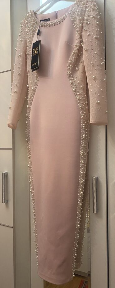 вечернее платье кораллового цвета: Вечернее платье, Средняя модель, Полиэстер, С рукавами, M (EU 38)