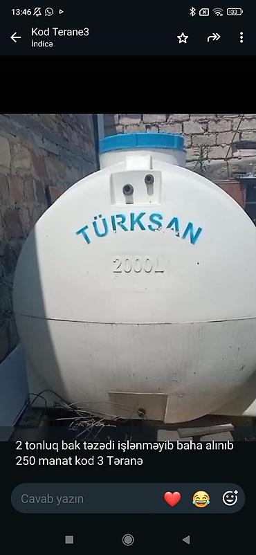 Баки: Türksan su çəni – 2000 L (2 ton) - Material: plastik/ polietilen gövdə — 1