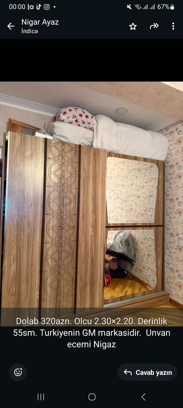 nigaz mebel: Dolab 320azn. Olcu 2.30×2.20. Derinlik 55sm. Turkiyenin GM markasidir