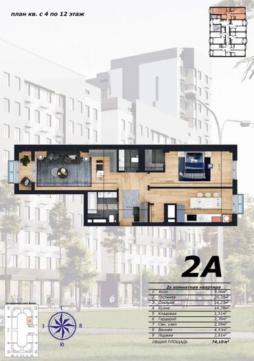 Продажа квартир: 2 комнаты, 74 м², Элитка, 6 этаж, ПСО (под самоотделку)