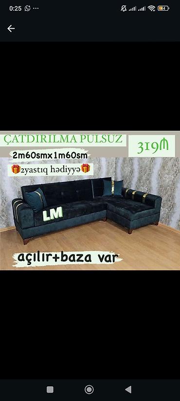 Диваны: Künc divan – açılır və bazalı model. - Ölçü: 2 m 60 sm x 1 m 60 sm - — 1