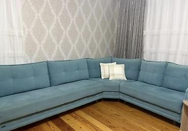 Mavi rəngli L formalı künc divan - Yumşaq, toxumalı parça üzlük - 5