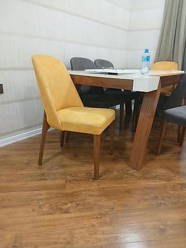 Yemək otağı dəsti – masa və 6 stul - Dizayn: Müasir üslub, ağ-laminat