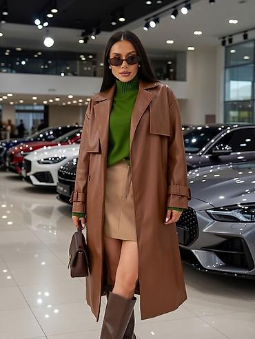 Плащи: Длинный женский тренч из гладкой эко‑кожи в тёплом — 6