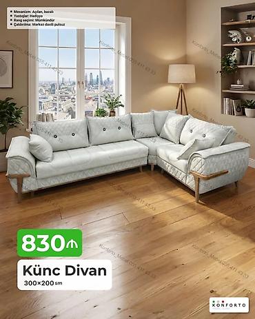 Künc Divan – 300×200 sm - Mexanizm: Açılan, bazalı (yataq funksiyası