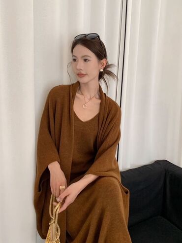 вязаное платье с поясом: Күнүмдүк көйнөк, Күз-жаз, Узун модель, Трикотаж, Түз, S, M, L