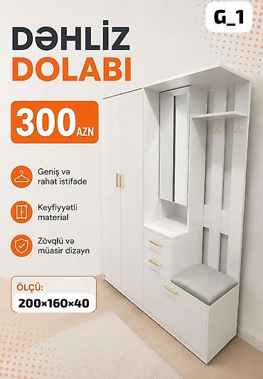 mebel materialı: Dəhliz dolabı – G_1 modeli Qiymət: 300 AZN Xüsusiyyətlər: - Ölçü — 1