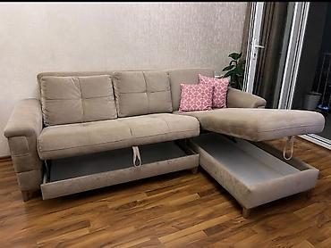 Диваны: Bej rəngli açılıb-bağlanan künc divan - Universal düz dizayn, yumşaq — 1