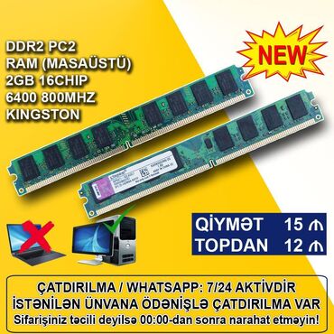 notebook ram qiymetleri: Operativ yaddaş (RAM) Kingston, 2 GB, < 1333 Mhz, DDR2, PC üçün, Yeni