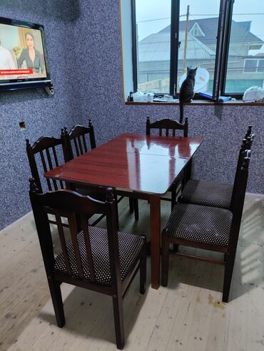 açılıb bağlanan stol: Qonaq otağı üçün, İşlənmiş, Açılan, Dördbucaq masa, 6 stul