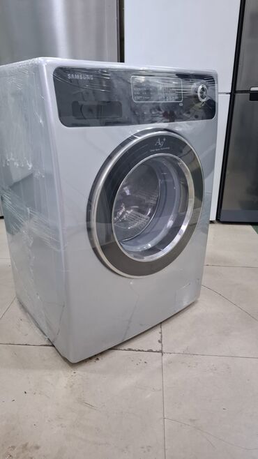 soyuducu masin ucun: Ön yükləməli, gümüşü rəngli Samsung paltaryuyan maşın. Cihazın yuxarı