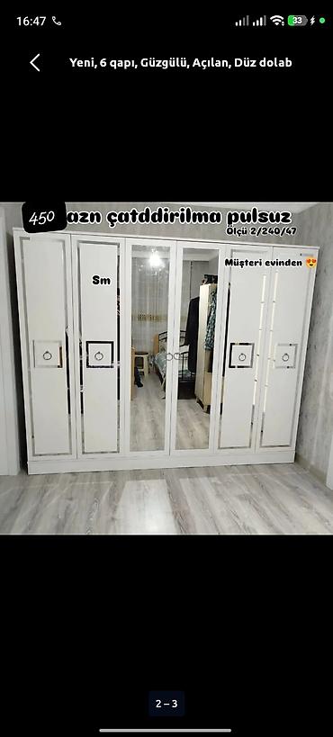 skaf: Yeni, 6 qapı, Güzgülü, Ağ, Açılan, Düz dolab — 1