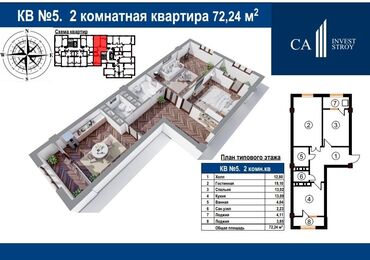 ак ордо жер уй: 2 бөлмө, 72 кв. м, Элитка, 8 кабат, ПСО (өзү оңдоп түзөтүп бүтүү үчүн)