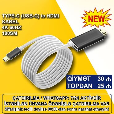 kabel aux: Kabel "Type-C (USB-C) to HDMI 2.0vers 1,8m 4K 60Hz" 🚚Metrolara və