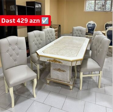 Masa və oturacaq dəstləri: Qonaq otağı üçün, Yeni, Açılmayan, Dördbucaq masa, 6 stul — 1