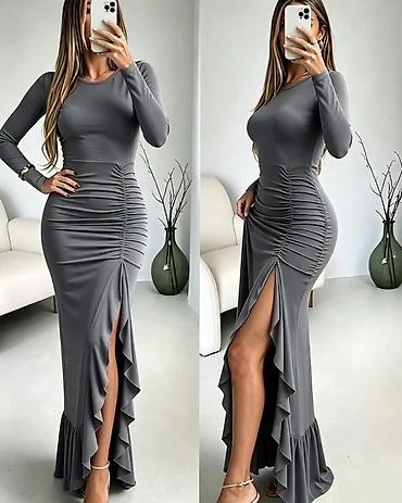 Ženska elegantna duga haljina sa dugim rukavima i asimetričnim